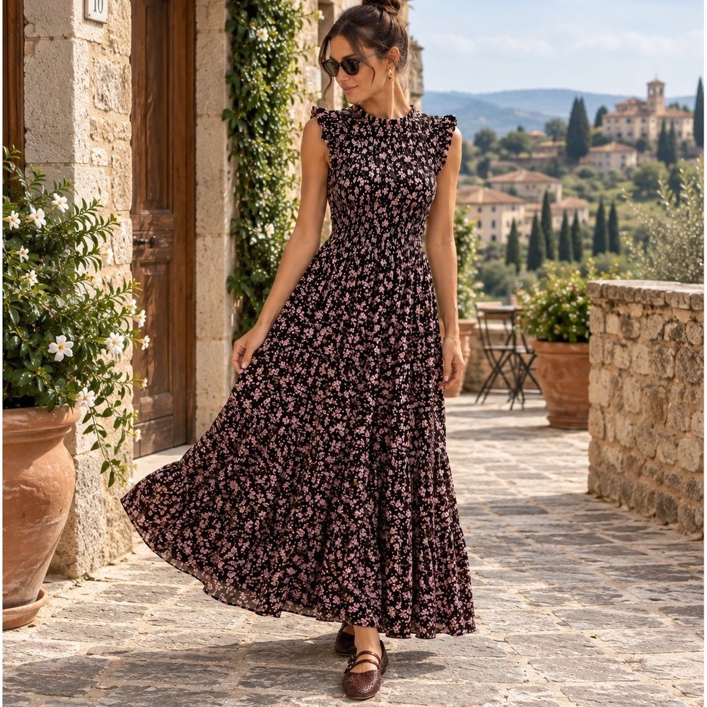 Caroline Constas | Floral Smocked Cotton Maxi Dress Size M NWT Brown Pink Boho